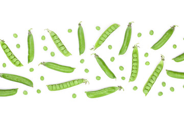 Fresh green pea pod isolated on white background with copy space for your text. Top view. Flat lay pattern