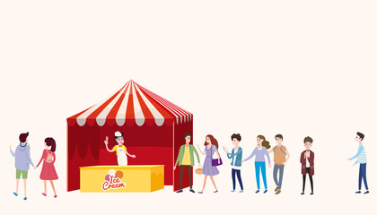 Trade tent, ice cream counter, seller under a canopy, outdoor composition, city, selling ice cream, drinks, corn, fast food, sweets. People, sellers and buyers. Urban scene. Vector illustration in