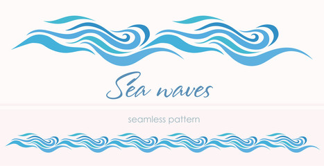 Marine seamless pattern with stylized waves on a light backgroun