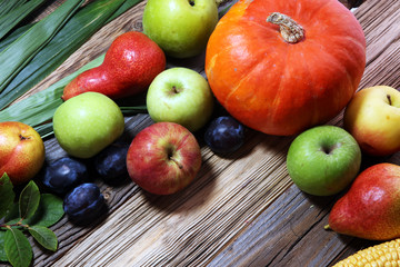 Various fresh fruits. Thanksgiving pumpkin, apples, and maize on rustic background.