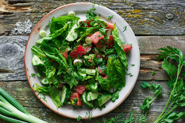 Healthy homemade vegetable salad with tomatoes cucumbers and onion top view