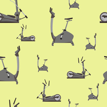 Seamless pattern with elements a eleptic simulator  and exercise bike  on a blue  background.