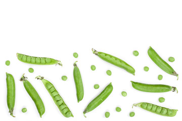 Fresh green pea pod isolated on white background with copy space for your text. Top view. Flat lay pattern