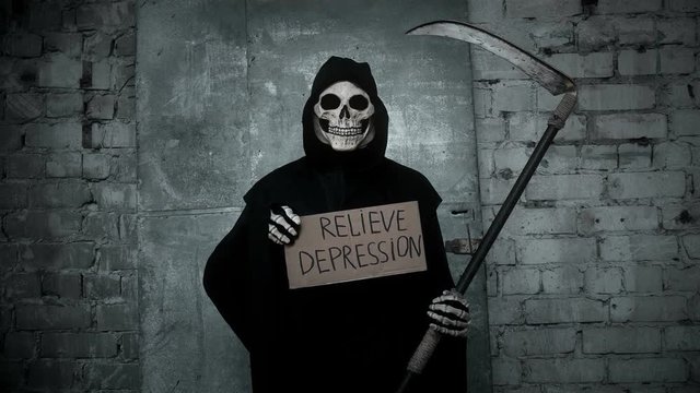 death with a scythe raises a sign with the inscription relieve depression