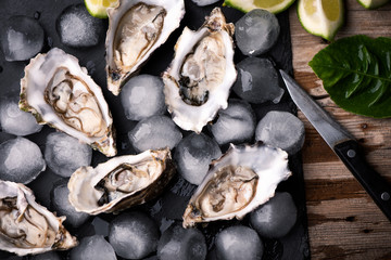 Oysters on stone black plate with ice and lemon