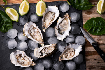 Oysters on stone black plate with ice and lemon