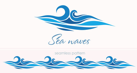 Marine seamless pattern with stylized waves on a light backgroun