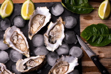 Oysters on stone black plate with ice and lemon © Fabio Balbi