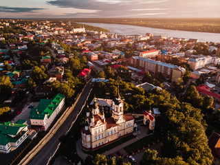Tomsk cityscape Siberia, Russia. Tom river. Drone aerial top view.