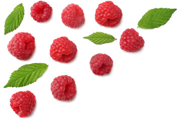 ripe raspberries with green leaf isolated on white background. top view