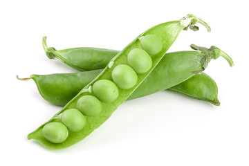 Fresh green pea pod isolated on white background