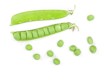 Fresh green pea pod isolated on white background. Top view. Flat lay