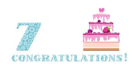 Anniversary greetings, 7 years, berry cake, English, white, blue, vector. Happy anniversary. Big berry cake and number 7 on white background. The inscription in English 