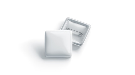Blank white square badge stack mockup, front and back side, isolated, 3d rendering. Empty clear pin...