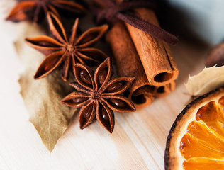 Anise, cinnamon and orange ingredients preparation mulled wine