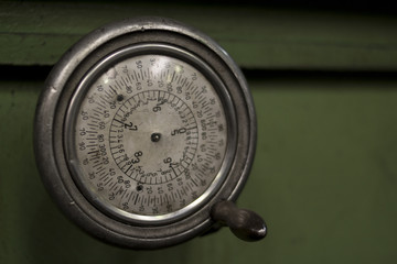 Old rustic classic green vintage retro mill machine part barometer scale clock cnc position on...