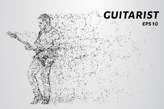 Rock guitarist plays at the concert. The guitarist consists of dots and circles.