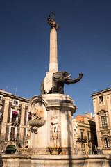 Fototapeta premium Piazza del Duomo, The famous lava stone statue of an elephant and its obelisk in Catania, Sicily, Italy