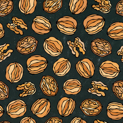Black Board. Walnut Seamless Endless Pattern. Whole and Peeled Walnuts. Autumn or Fall Harvest Collection. Realistic Hand Drawn High Quality Vector Illustration. Doodle Style.