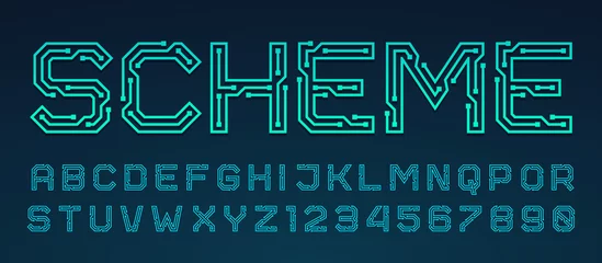 Vector printed circuit board style font. Blue latin letters from A to Z and numbers from 0 to 9 made of electric current wires and connectors. Futuristic design concept. © garybaldi