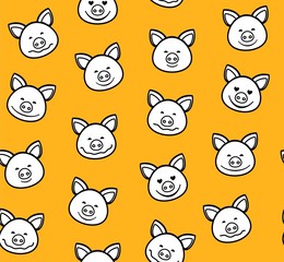 Piglets, seamless pattern, orange, vector. The white faces of the pigs with a black outline on an orange background. Pigs are laughing, different emotions. Vector flat pattern.  