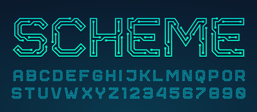 Vector printed circuit board style font. Blue latin letters from A to Z and numbers from 0 to 9 made of electric current wires and connectors. Futuristic design concept.