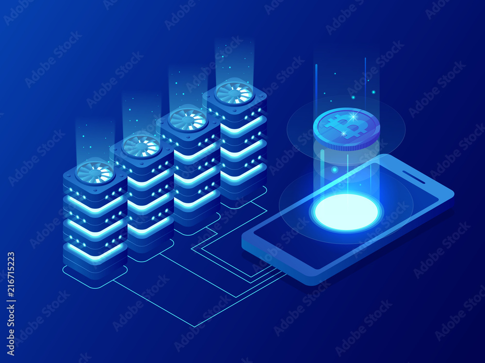 Poster isometric mining bitcoin farm. cryptocurrency, blockchain, bitcoin mining concept. big data processi