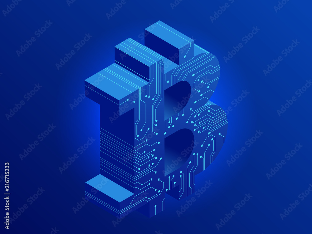 Poster isometric mining bitcoin farm. cryptocurrency, blockchain, bitcoin mining concept. big data processi