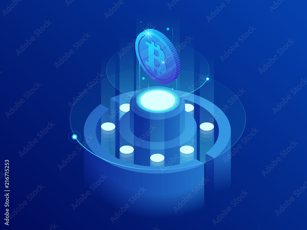 Poster isometric mining bitcoin farm. cryptocurrency, blockchain, bitcoin mining concept. big data processi