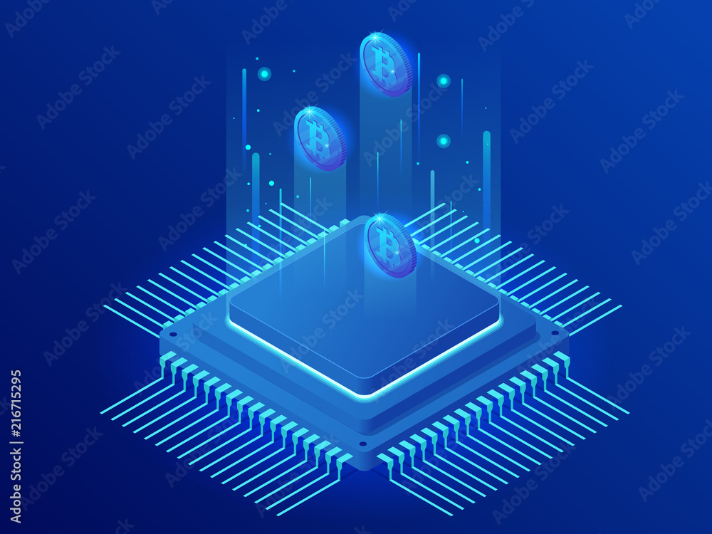 Poster isometric mining bitcoin farm. cryptocurrency, blockchain, bitcoin mining concept. big data processi