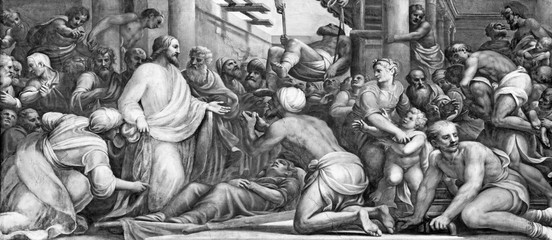 PARMA, ITALY - APRIL 16, 2018: The fresco Jesus at the healing in Duomo by Lattanzio Gambara (1567 - 1573).
