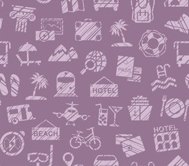 Travel, vacation, Hiking, leisure, seamless pattern, pencil shading, purple, color, vector. Different types of holidays and ways of travelling. 