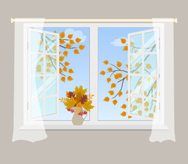 Open window with curtains on a gray background. Outside the window there are tree branches with yellow leaves. There is a vase with autumn leaves and twigs of rowan on the windowsill. Vector image