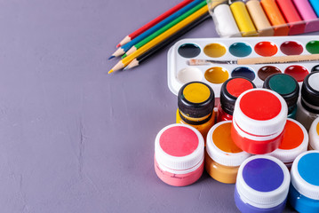 Accessories for painting. Paints, Brush and Colored Pencils