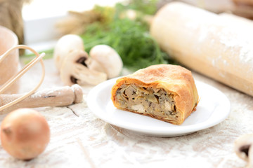 strudel with meat and mushrooms on a wooden board with flour
