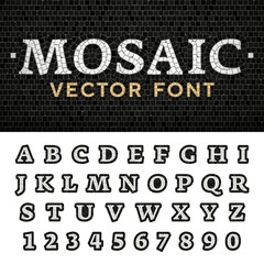 Vector mosaic floor style font. Latin letters from A to Z and numbers from 0 to 9 made of pavement stones. Beautiful classic design.