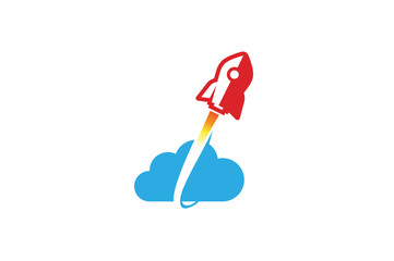 Creative Red Rocket Blue Cloud Symbol Logo Design Illustration