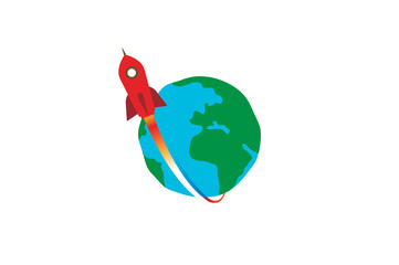 Creative Red Rocket Planet Earth Logo Design Illustration