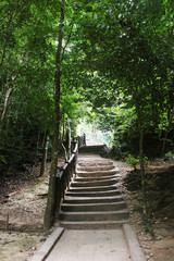 Fototapeta na wymiar Rustic stairs climbing Erawan Falls, tropical forest in Kanchanaburi province, Thailand.
