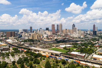 Fototapeta na wymiar Aerial Downtown Atlanta Skyline With Railroad In View
