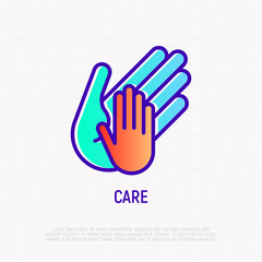 Hand of adult holds child's hand thin line icon. Modern vector illustration, care sign.