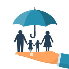 Family protection. Insurance concept. Vector illustration flat design. Isolated on white background. Paper chain people. Agent hold umbrella hand protects the family. Health care, safety. helping.