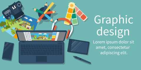 Abstract concept of development of graphic design. Flat design style, vector illustration. Workplace designer with modern equipment digital devices to photograph. Software processing photo.