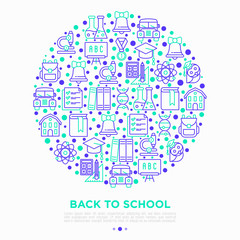 Back to school concept in circle with thin line icons: backpack, bell, book, microscope, knowledge, owl, graduation cap, bus, chemistry, mathematics, biology. Vector illustration, print media template