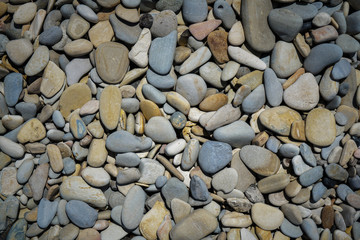 Colorful multi color background of pebbles. Natural smooth tumbled stones on the beach. Dry rocks on the flat ground.