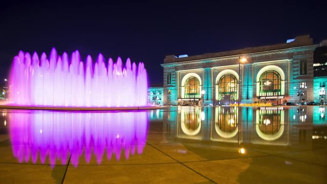 Kansas City Historical Architecture Night Timelapse Reflection Over Fountain with Moving Lights near the Train Station