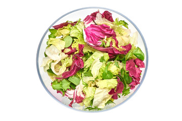 Fresh vegetables salad with purple cabbage, white cabbage and lettuce, isolated on white background. Top view.