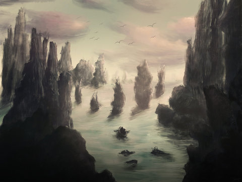 Idyllic and dreamy environment scenery with rocks and ships - Digital Painting