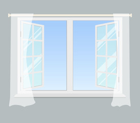 Open window with curtains on a gray background. Vector illustration