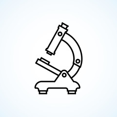 Microscope icon minimal design black line. Medical diagnostics, laboratory, research, education. Vector illustration. Equipment for medical research, laboratories. Isolated microscope icon vector.